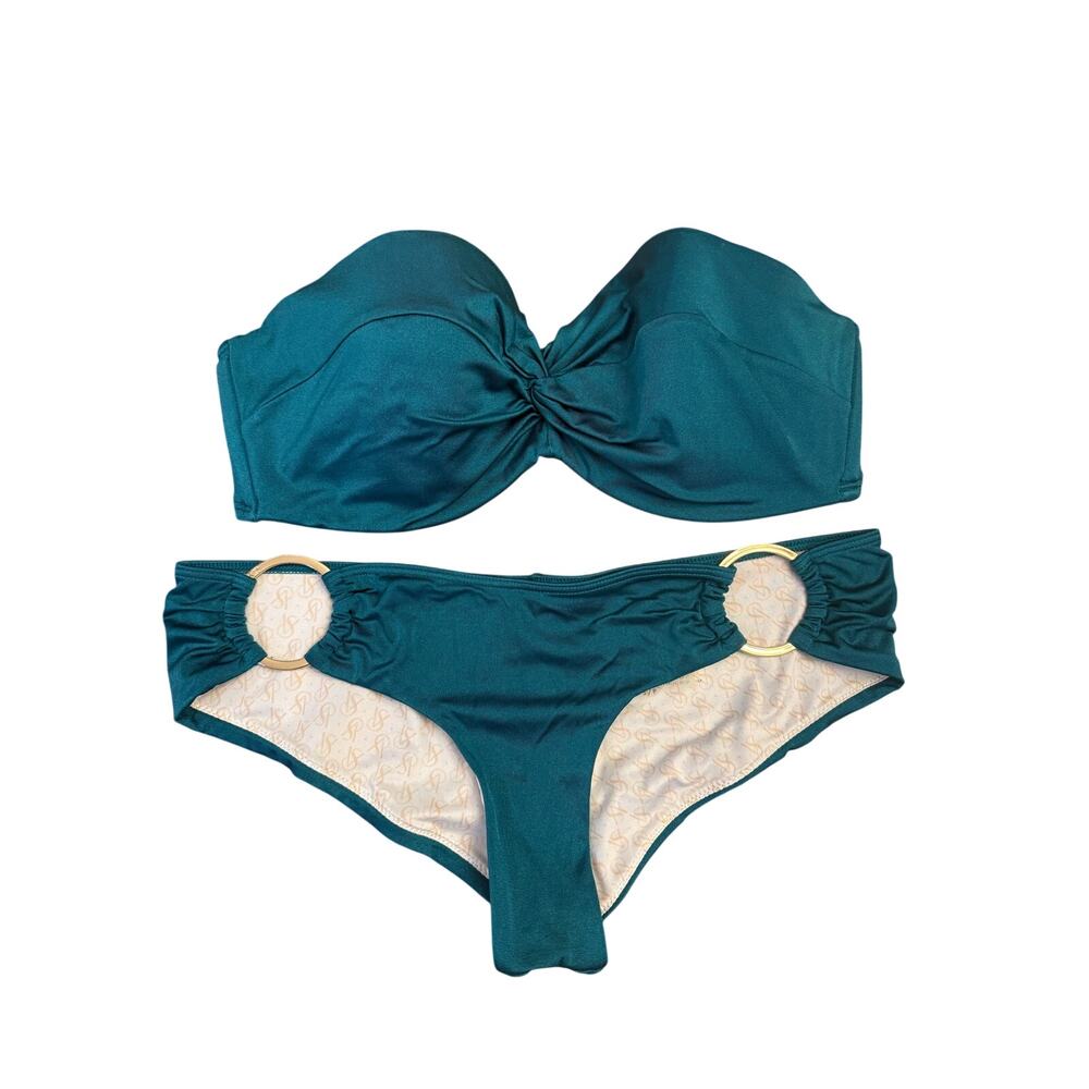 Victoria’s Secret 2-Piece Bandeau Bikini Swimsuit Set Size 34D Small Teal Gold